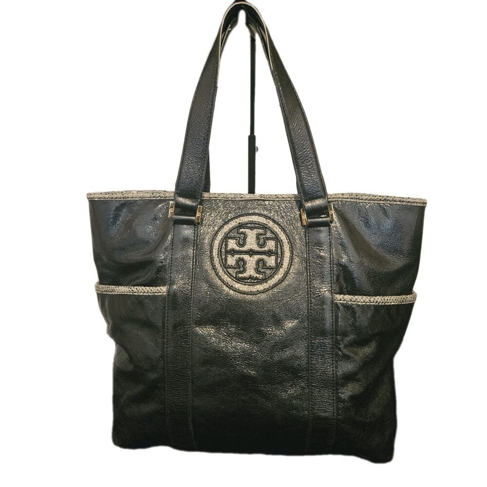 Tory Burch Shiny Black Crinkled Leather Vertical Tote Bag 14x13x4 - Picture 2 of 16